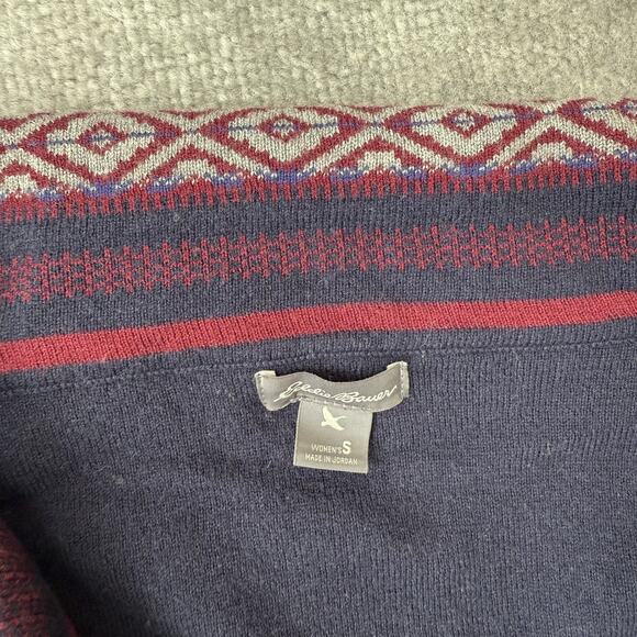 Eddie Bauer Sweater Womens Small Navy Red Open Front Cardigan Aztec Wool Blend - Picture 3 of 8